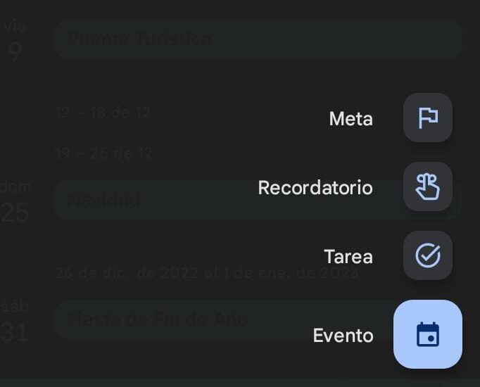 Opciones de Google Calendar: Meta, Recordatorio, Tarea y Evento.