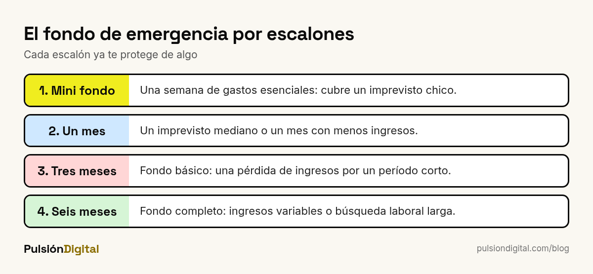 Escalones del fondo de emergencia: mini fondo de una semana, un mes, tres meses y seis meses de gastos esenciales