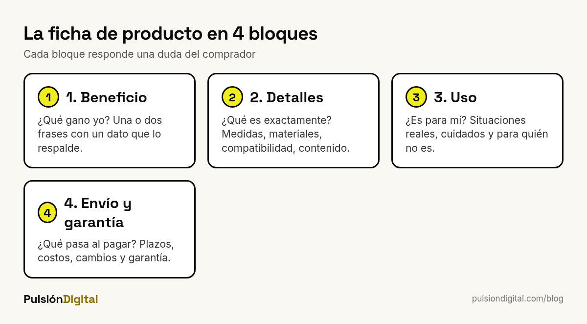 Estructura de una descripción de producto en 4 bloques: beneficio, detalles, uso y envío