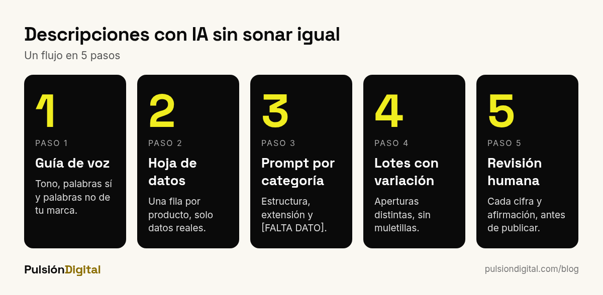 Flujo de trabajo para escribir descripciones de productos con IA en 5 pasos