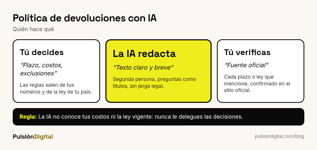 Reparto de tareas al redactar una política de devoluciones con IA: tú decides las reglas, la IA redacta, tú verificas