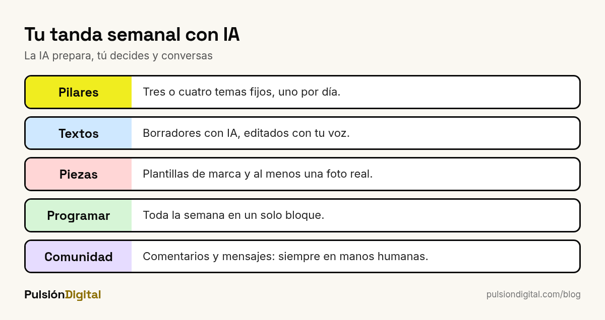 Flujo semanal con IA para Instagram: pilares, textos, piezas visuales, programación y tiempo humano para la comunidad