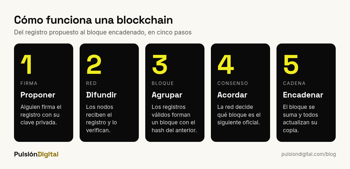 Cómo funciona la blockchain en 5 pasos: firmar, difundir, agrupar en un bloque, consenso y encadenar
